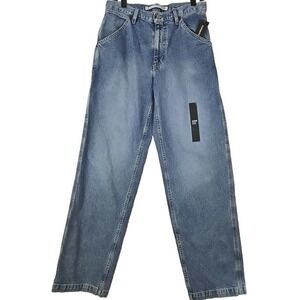 Express~Men's 30×32~Blue Sandblast Carpenter Y2K Light Wash Fray Logo Grunge NWT